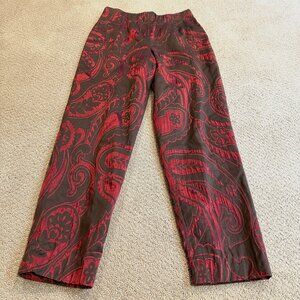 Lafayette 148 Brown Pants Red Paisley Embossed Boho Side Zip Elastic Waist Sz 6